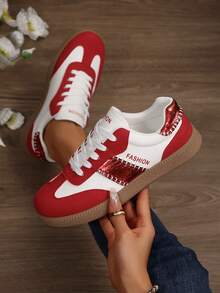 女士加大码休闲运动鞋 - 透气低帮系带鞋，合成鞋面搭配PU鞋底，四季皆宜，适合休闲穿着，红/白和黑/白配色可选，女士运动鞋，时尚鞋款设计 - 紅色 - 查看 3