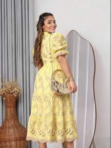 Women's Midi Dress In 3D Lace Fabric With Elastic At The Back, Button Closure At The Front, And Lining. - 3D Bicolor Yellow - View 2