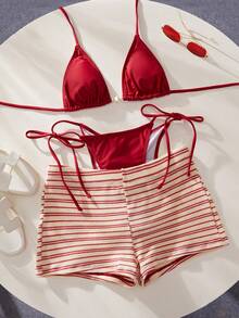 3pcs Women's Swimwear Bikini Set, Elegant Sexy Striped Printed Triangle Swimwear, Suitable For Vacation, Beach, Pool And Sports Wear, Suitable For Autumn, Winter, Spring And Summer, Bohemian, Country, Club, Office Vacation Outfit - Red - View 10