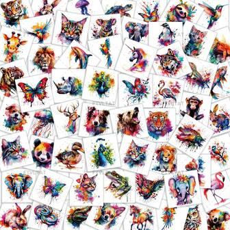 60pcs Watercolor 3D Temporary Animal Tattoos With Designs Of Cats, Dogs, Dolphins, Flamingos, Tigers, Etc. Waterproof And Long-Lasting 3-5 Days, Cute Doodle Stickers, A Beautiful Holiday Party Gift!