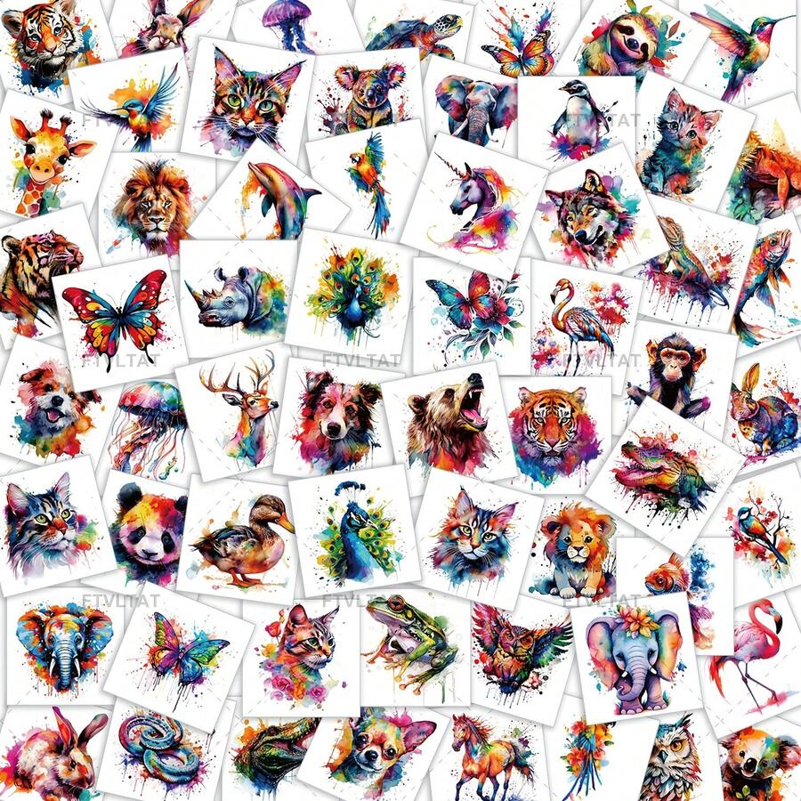 60张水彩3D立体临时纹身贴纸,图案包括猫、狗、海豚、火烈鸟、老虎等。防水持久,可保持3-5天,可爱的涂鸦贴纸,精美的节日派对礼物! - 彩色 - 查看 1