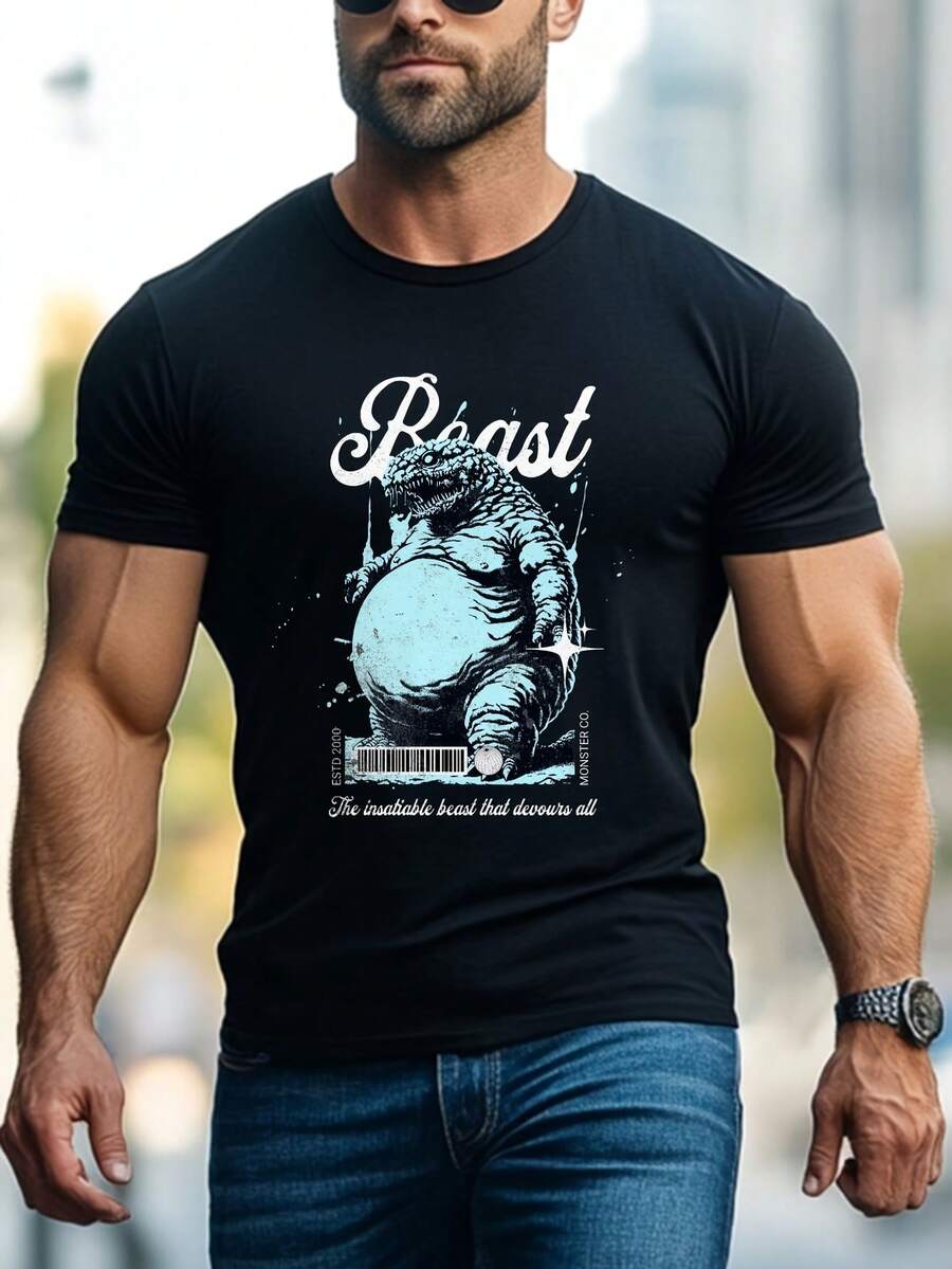 Camiseta negra de cuello redondo de manga corta casual de% algodón para hombres. Camiseta estampada con patrón de de moda urbana americana. Ropa de fitness deportiva para hombres al aire libre de verano - Negro - Ver 1