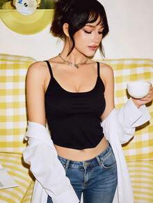 女士性感黑色吊带背心，简约性感美人鱼黑色带垫吊带背心，可内搭/外穿，华丽露背带垫吊带背心，修身休闲无袖打底衫 - 黑色 - 查看 6