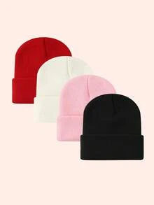 Set de 4 gorros de punto de unicolor, sombreros para niños y niñas, gorros calientitos para bebés para usar en exteriores, otoño/invierno - Multicolor - Ver 112