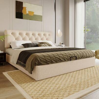 (=767980AAN) Hydraulic Double Upholstered Bed 160x200cm, Adjustable Headboard, Bed With Slatted Base Made Of Metal Frame, Modern Bed Frame With Storage Space, Natural, Without Mattress