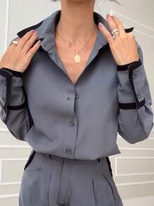 女士优雅宽松落肩衬衫+直筒裤套装，长袖撞色衬衫搭配中腰裤两件套，休闲时尚春季装扮 - 灰色 - 查看 8