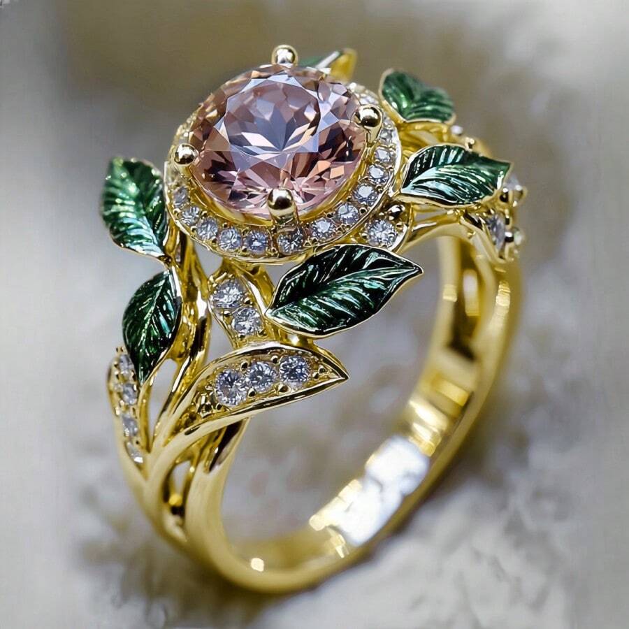 1pc Elegant Fairy Engagement Ring With Sparkling Round Pink Synthetic Cubic Zirconia, 18K Gold Plated Copper Ring, Green Leaf Accent Design, Best Gift For Wedding, Anniversary, Birthday, Valentine's Day - Gold - View 1