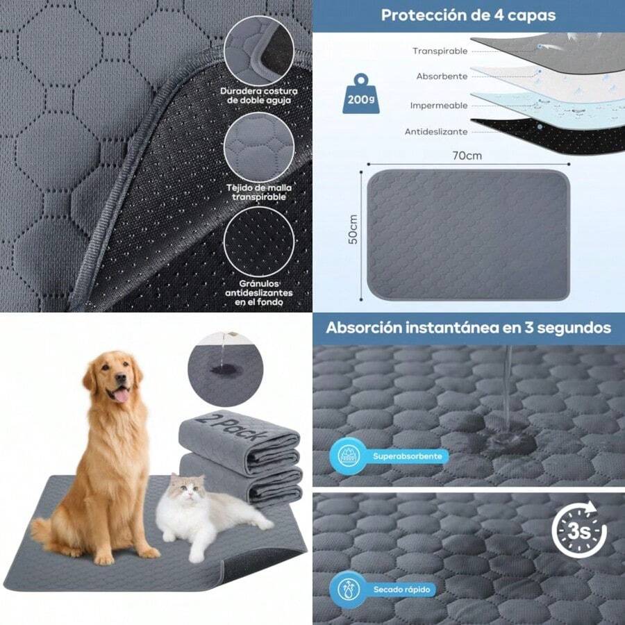 ml 2 Piezes Almohadilla de Orina para PerrosAlmohadilla para orinar súper Absorbente de 70x50cm Tapete Entrenador para Perro Lavable y Reutilizable Antideslizante Almohadilla para Mascotas10101 - Gris - Ver 1