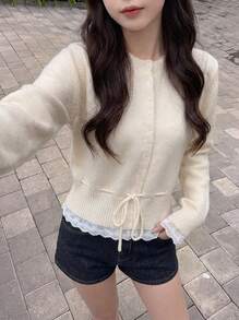 Rikumo Women's Lace Patchwork Drawstring Knitted Cardigan, Sweet Style, Round Neck, Long Sleeve Winter - Milky White - View 1
