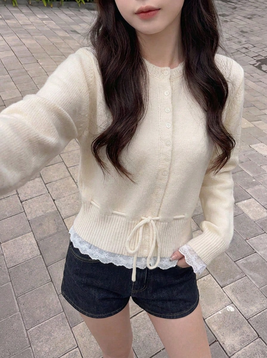 Rikumo Women's Lace Patchwork Drawstring Knitted Cardigan, Sweet Style, Round Neck, Long Sleeve Winter - Milky White - View 1