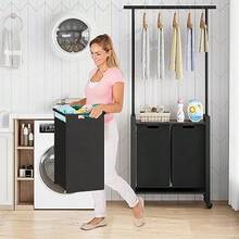 Cesto para ropa sucia de 2 secciones con perchero, cesta para ropa sucia con ruedas y cesta extraíble, organizador para lavandería. - Negro - Ver 6