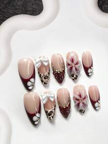 10pcs Mature & Elegant Style Press-On Nails, Including Almond Shape, Square, Duck Mouth, Purple Red Gel Nails, Leopard Print, Pinched Flower Nail Decor, White Bow Decor, Comes With Tool Kit (1pc Jelly Nail Sticker + 1pc Nail File), Suitable For Women & Girls, Daily Photo Shoots, Autumn/Winter, Gatherings Nail Supplies Handmade Press On Nails - 彩色 - 查看 11