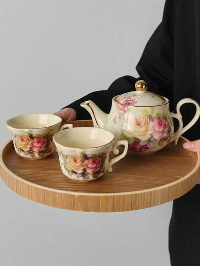 Cabin Kangaroo 1 pieza Juego de té con diseño floral de rosa vintage, elegante cerámica con ribete dorado, diseño floral de rosa vintage, encantador y artístico, práctico juego de té para el té de la tarde, decoración del hogar, ambiente romántico y elegante, estilo artístico único
