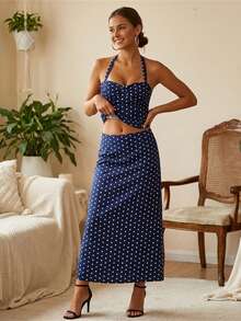 Women Long Skirt Outfit Dot Print Halter Neck Tank Tops And Low Rise Fishtail Skirt 2 Piece Set - 藍色 - 查看 4