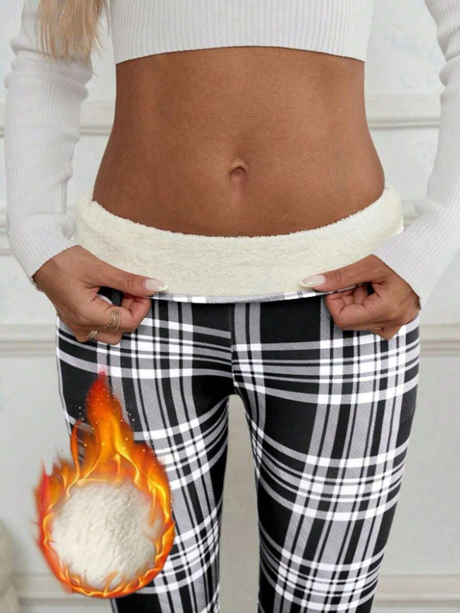 Extra Thick Fleece-Lined Printed Leggings For Women, Winter Thermal High-Waisted Pants,Omen'S High-Waisted Thermal Leggings - Red & Black Plaid Print, Thickened Winter Yoga Pants With High Elasticity Non-See-Through Fabric, - 白色 - 查看 1