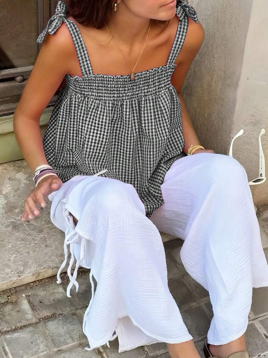 Picnic Casual Plaid Cropped Top, Versatile Summer Camisole Black - Black - View 1