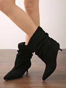 2025 New Kitten Heel Pleated Thigh High Boots, Pointed Toe Over The Knee Tall Vintage Riding Boots - Black - View 4