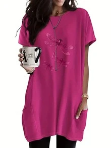 Plus Size Women Casual Summer Top - Short Sleeve, Loose, Pocket Plus Size T-Shirt - Dragonfly Print - Polyester & Spandex Blend - Spring/Summer Collection - Rose Red - View 2