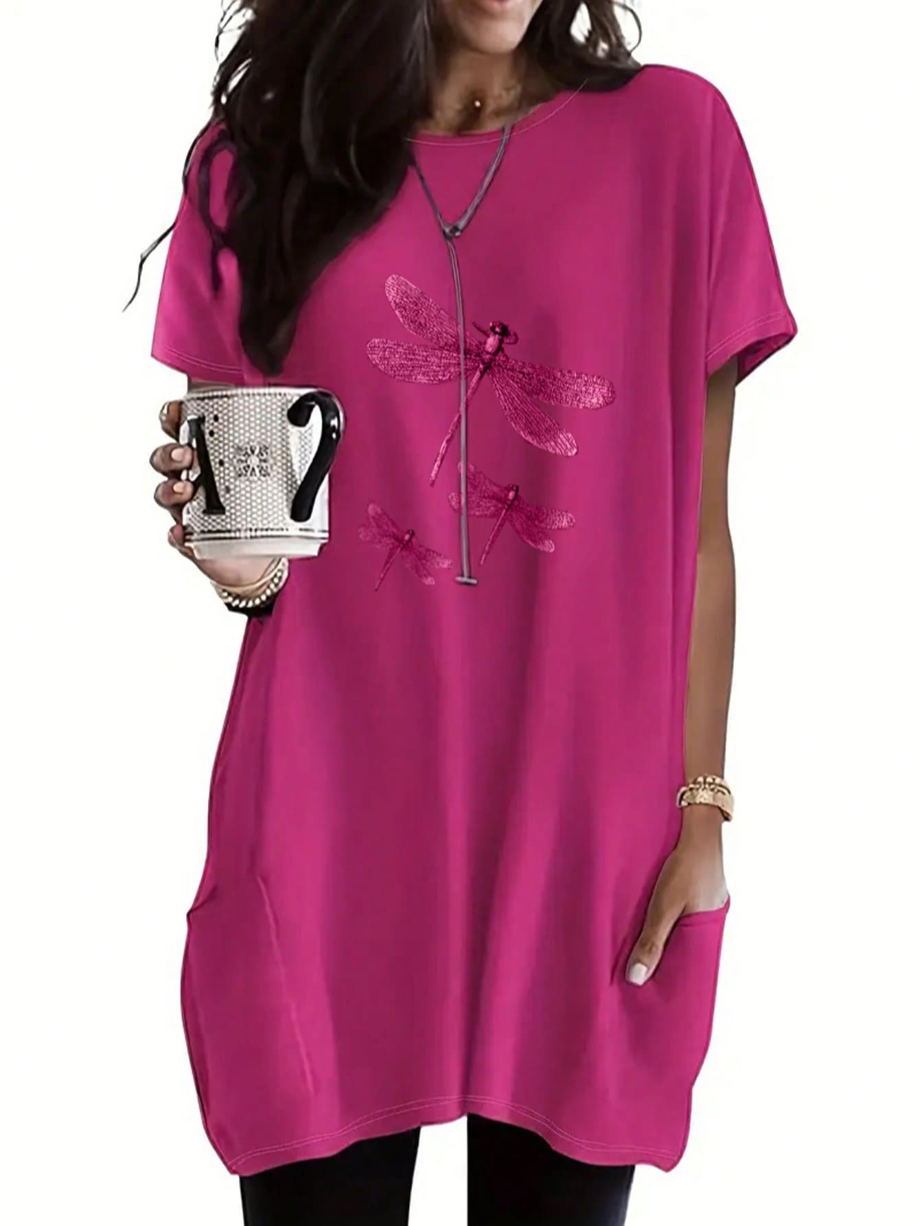 Plus Size Women Casual Summer Top - Short Sleeve, Loose, Pocket Plus Size T-Shirt - Dragonfly Print - Polyester & Spandex Blend - Spring/Summer Collection