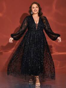 Plus Size Black Leaf Sequin Mesh Patchwork Deep V-Neck Lantern Sleeve Party Evening Dress - Black - View 2