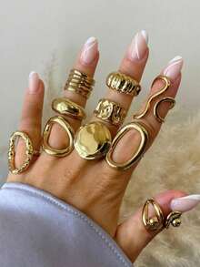 10pcs Vintage Rings Set, Fashionable & Versatile Asymmetric Geometric Line Lava Rings (Some Rings Are Open But Not Adjustable, Please Do Not Forcibly Bend Them Or They May Break, Sizes Are Marked) - Gold - View 6
