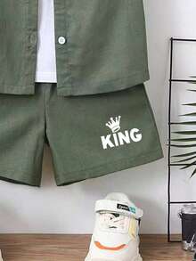 Toddler Letter Print Shirt And Shorts Set - Dark Green - View 5