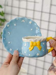 1 Set Healing Starry Sky Ceramic Coffee Cup & Saucer Set, Cute Korean Style Mug, Matching Star & Moon Pattern Coaster, High-Quality Creative Afternoon Tea Cup Suitable For Mint Tea, Latte, Espresso, Americano, Cappuccino, For Home And Restaurant - Multicolor - View 15