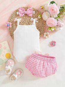 New Fashionable Summer Baby Girl Halter Top With Bow Headband, Cake Pants, And Large Bow Accessories Three-Piece Set - 粉色 - 查看 2