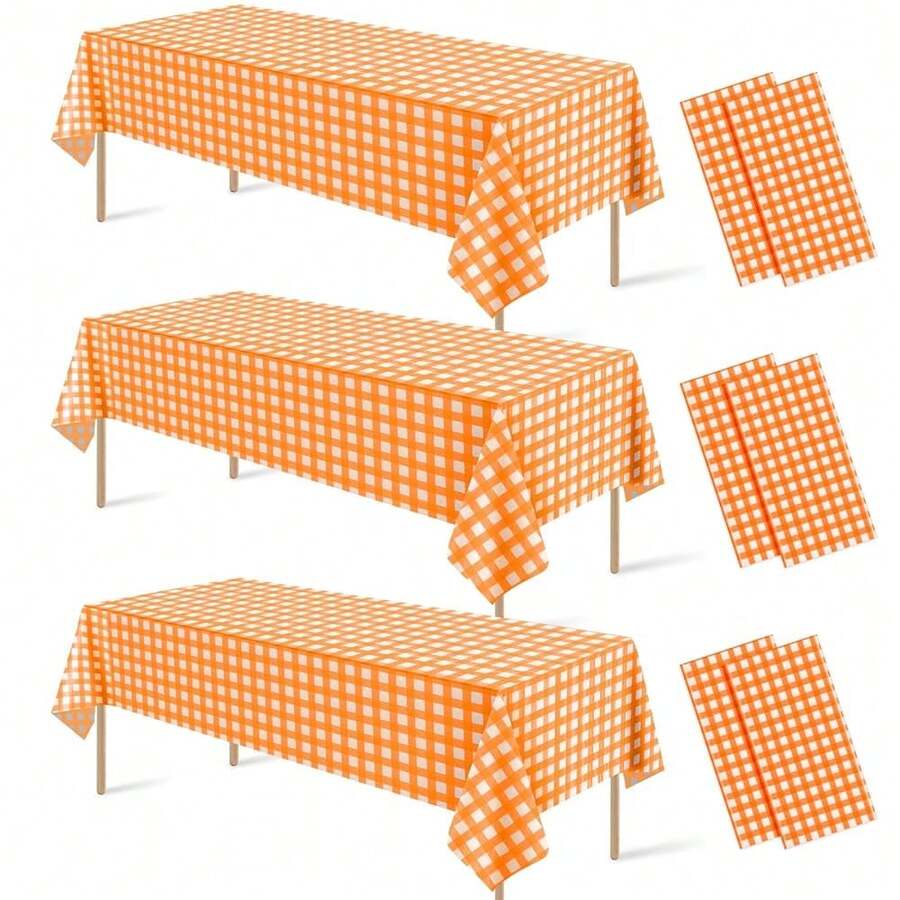 6 Pcs Orange Gingham Tablecloth Decorations, Disposable Plastic Orange And White Checkered Tablecloth Buffalo Plaid Table Cover For Autumn Than1ks 1giving Birthday Party Supplies,54 X 108 Inch,Orange - 橘子 - 查看 1