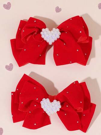 2pcs Valentine's Day Hair Bows,Heart Faux Pearl Accessories Hair Clips,Sweet Hair Barrettes For Girls Kids Festival Party Favors
