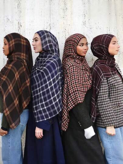 1pc Plaid Print Hijab, Comfortable, Soft And Breathable Female Hijab Scarf, Suitable For Daily Wear With Abaya