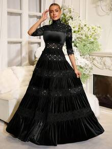 Nouvelle robe maxi en flanelle à design de dentelle brodée vintage, robe plissée sexy à col montant et manches longues ajustée, pour mariage, fête, soirée de gala, Saint-Valentin, couleur noire - Noir - Voir 4