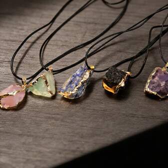 1 pieza/6 piezas Conjunto de colgantes de amatista natural - Cordón de cuero negro ajustable, cristales de forma irregular para hacer collares de joyería DIY, tema de moda, colgantes de piedras preciosas falsas con bolsa de almacenamiento