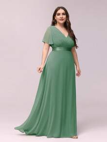EVERPRETTY Plus Size Elegant V-Neck Ruffle Formal Bridesmaid Dress Party Wedding - Green - View 6