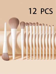 12pcs Makeup Brush Set - Premium Nylon Bristles, ABS Plastic Handles, Includes Foundation Brush And Kabuki Brush, Complete Starter Kit With Foundation Brush, Blush Brush, Eyeshadow Brush And Powder Brush, Comprehensive Makeup Brushes And Tools - Apricot - View 1