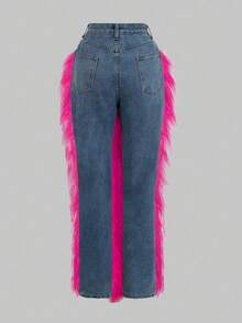 GLOURI Women's Faux Fur Jeans - High Waist Straight Leg Denim With Punk Rock Accents | Glam Night Out Pants For Weekend Parties & Evening Events (Edgy Street Style & Rocker Chic Vibes) - Màu Hồng Tươi - Xem 4