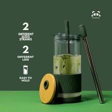 ® Glass Cups With Lids And Straws -20 Fl Oz- Perfect Size Iced Coffee Cup - Smoothie Cup With Bamboo Lid And On The Go Lid - Glass Tumbler With Straw 1 Count (Pack Of 1 Amber Sand) - 杏色 - 查看 5