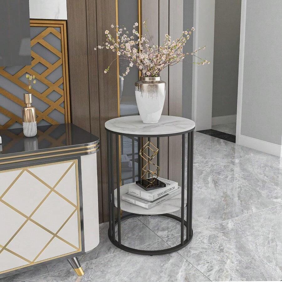 Marble Top Side Table Black: Small Circle End Tables 40 X 54cm Sintered Stone Bedside With Metal Black Legs Modern White Nightstand 2 Tier Round Sofa Side Table For Bedroom Living Room Furniture - Black - View 1