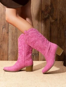 New Arrivals Women's Cowboy Boots Cowgirl Western Boots Mid Calf Boots Fashionable Embroidery Stitched Slip On Chunky Heel Music Festival Party Boots - 粉色 - 查看 2