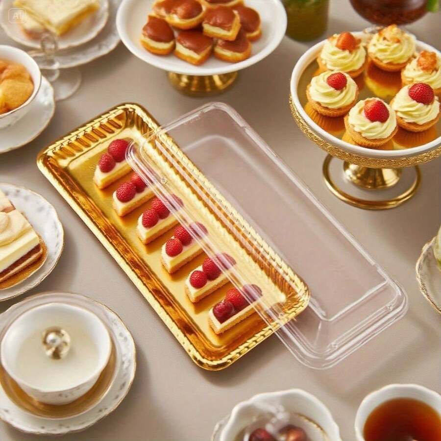 10个透明盖金色长方形托盘 - 耐用一次性塑料食品容器，带锁扣盖，金色包边，光滑侧面，适用于派对、婚礼、甜点、寿司、礼品盒 - 独立包装（不可堆叠） - 优雅的多用途托盘，可用于盛放马卡龙、纸杯蛋糕、糕点 - 耐用卫生，建议手洗，金色透明设计 - 彩色 - 查看 1