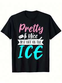 Camiseta de patrón de hockey linda y dulce para niñas - Diseño deportivo divertido. Manga corta. Cuello redondo. Lavable. Ropa Casual. Camiseta Deportiva Casual Cuello Redondo Fácil de Cuidar - Negro - Ver 1