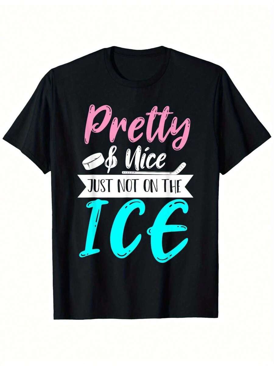 Camiseta de patrón de hockey linda y dulce para niñas - Diseño deportivo divertido. Manga corta. Cuello redondo. Lavable. Ropa Casual. Camiseta Deportiva Casual Cuello Redondo Fácil de Cuidar - Negro - Ver 1
