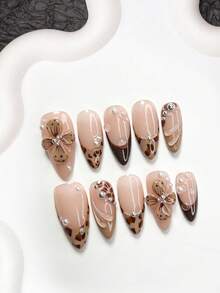 10pcs Autumn Acrylic Nail Art Set, Includes Press-On Nail Stickers, Almond-Shaped Nail Stickers, Square Nail Stickers, Duck Bill Nail Stickers, Brown Gel Nail Stickers, Leopard Print Nail Stickers, Pinched Flower Nail Decorations, Faux Pearl & Metal Bead Decorations, With Tool Kit, Suitable For Women & Girls, Daily Photography, Autumn/Winter Nail Care Nails Nail Supplies Handmade Press On Nails - Nhiều màu - Xem 10