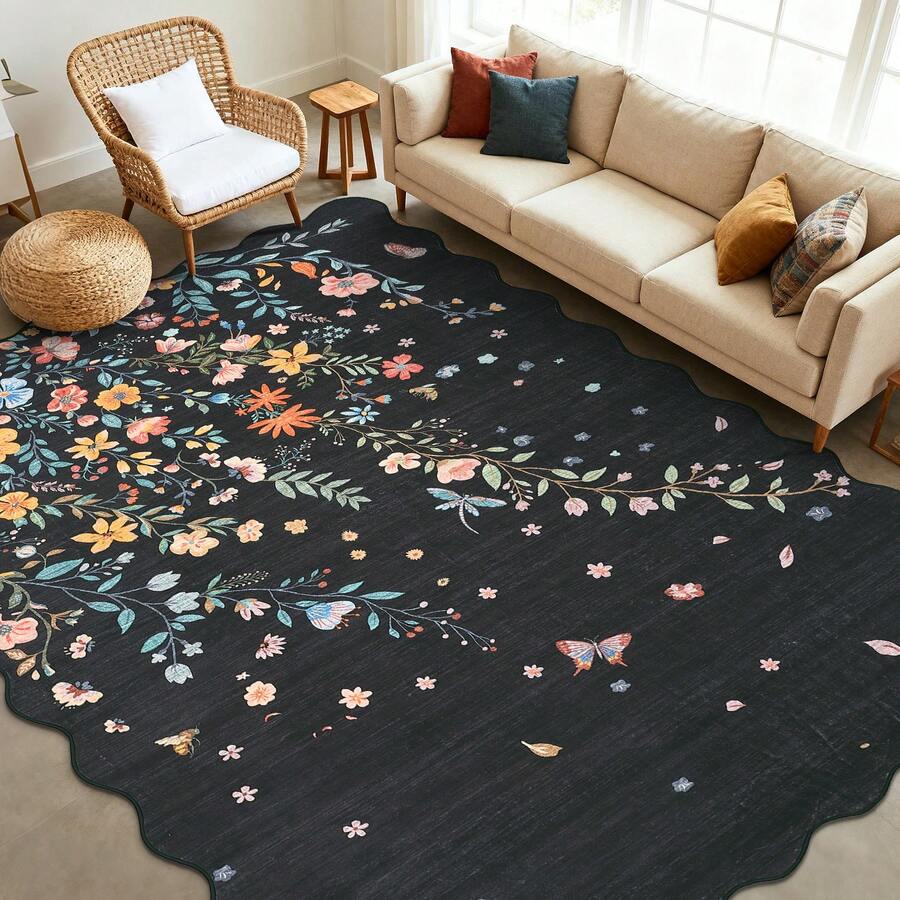 ANPHON Modern Floral Fan-Shaped Edge Rug Machine Washable Soft Non-Slip Low-Pile Non-Shedding For Bedrooms Dining Rooms Offices Game Rooms Laundry Rooms Entryways Farmhouses And Party Decorations - 黑色 - 查看 1