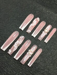 10 Piece 5.5cm Handmade Coffin Shaped Armor, Decorated With Petals And Rhinestones, Suitable For Women And Girls, Gatherings, Festivals, And Daily Wear As A Nail Sticker Set. Nail Accessories, Acrylic Nail Kit, Including Kit, Hand Pressed Nail Art, Fake Nail Stickers, And Nail Supplies. - 彩色 - 查看 4