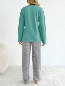 100% Cotton 2Pcs Eye&Heart Printed PJ Set - Mint Green - View 2