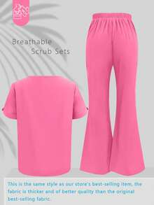 cimmuovere 女士V领双口袋短袖上衣和四口袋喇叭裤套装，两件套。尺码齐全，从标准尺码到加大尺码均有供应。春季款 - 玫紅色 - 查看 3