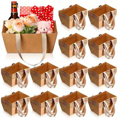 (Kraft Paper Basket) Empty Kraft Gift Basket With Handles, 9.8 X 6.5 X 4.3 Inches - Gift Packaging, Weddings, Parties, Christmas, Valentine's Day, Party Gift Baskets,Travel Essential