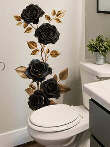 1pc Black Rose Lotus Flower Wall Stickers Removable Simplicity Floral Golden Leaf Art Wall Decals Peel And Stick Murals Wall Decals For Bathroom Living Room Bedroom Door Aisle Sofa TV Backdrop Kitchen Cabinet Wall Home Decor - Multicolor - View 3