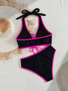 2pcs/Set Women's Hollow Out Criss-Cross Tie Front Sexy Fashionable Patchwork Bikini Swimwear, Suitable For Beach Holiday Vacation Summer - Multicolor - View 3